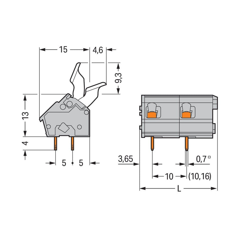 WAGO - Leiterplattenklemme 256-612/333-000 Drücker,2,5 mm²,grau − 10 Stück
