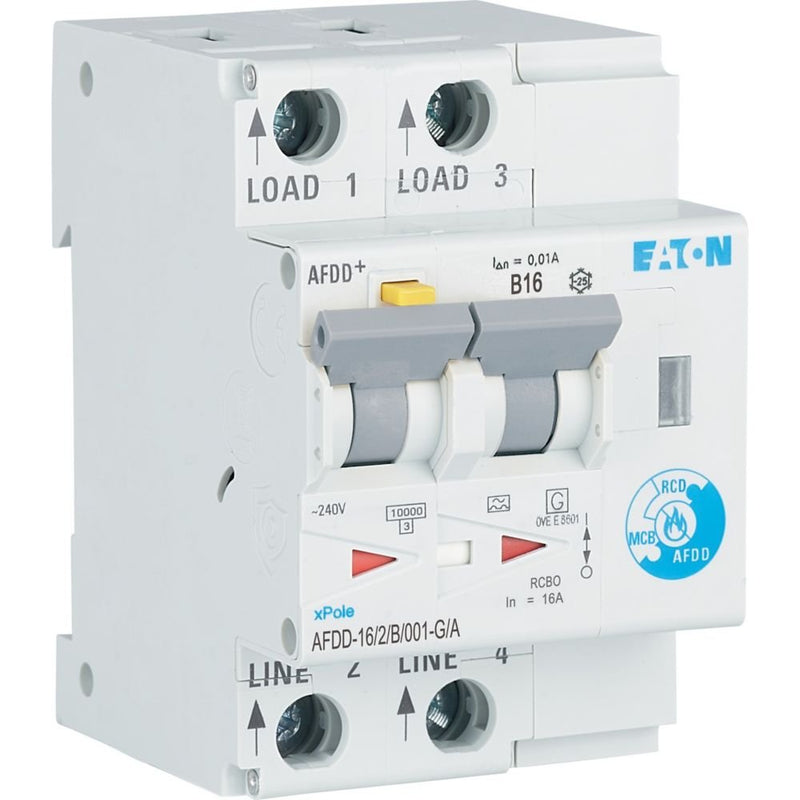 Eaton - Kombination FI-Schalter/Leitungsschutzschalter mit Zusatzeinrichtung Brandschutzschalter AFDD-16/2/B/001-G/A 2p,B,16A,10mA,TypG/A