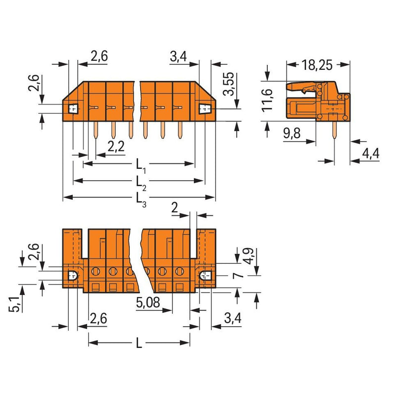 WAGO - Leiterplattensteckverbinder THT-Federleiste abgewink. 232-282/047-000 Maß 5,08mm,orange − 10 Stück