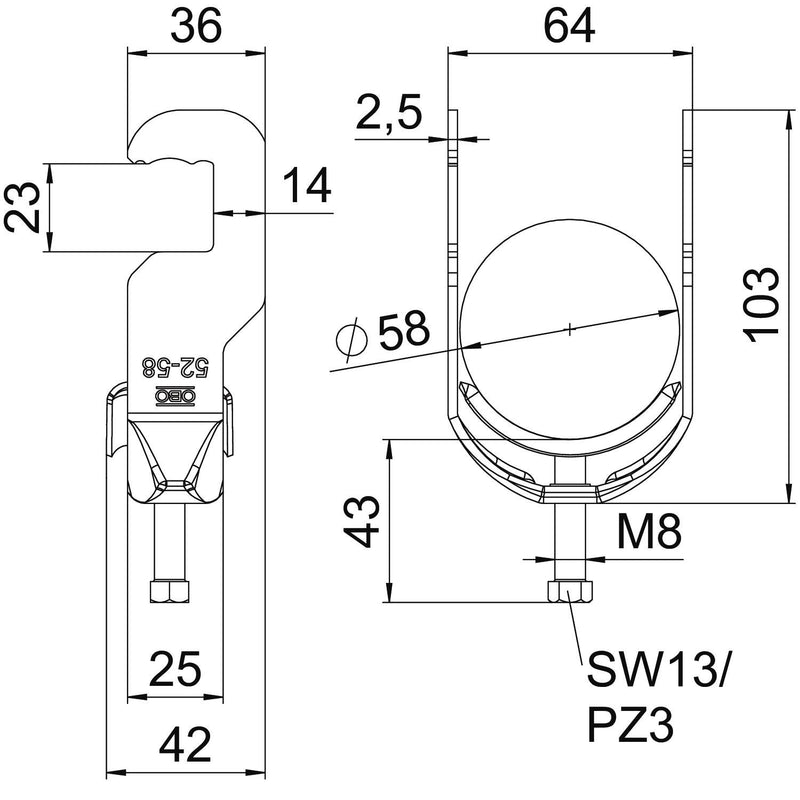 OBO Bettermann - Bügelschelle BS-RS1-M-58 FT 52-58mm − 100 Stück