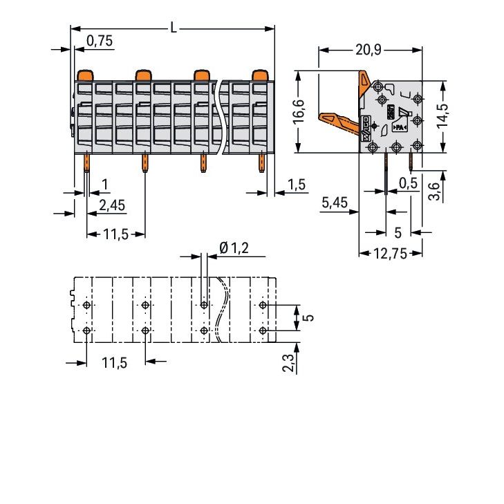 WAGO GmbH & Co. KG - Leiterplattenklemme Leiterplattenklemme 2601-3508 1,5mm²,gr − 20 Stück
