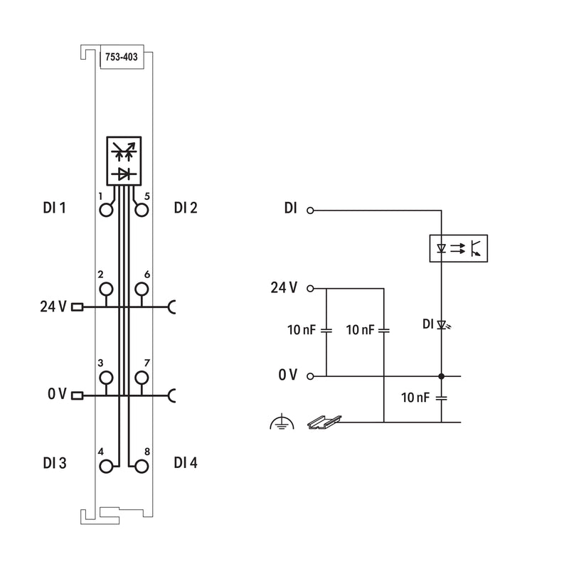 WAGO - Feldbus, Dez. Peripherie - Digitales Ein-/Ausgangs-Modul 4-Kanal-Digitaleingang 753-403 DC 24 V,0,2 ms,lgr