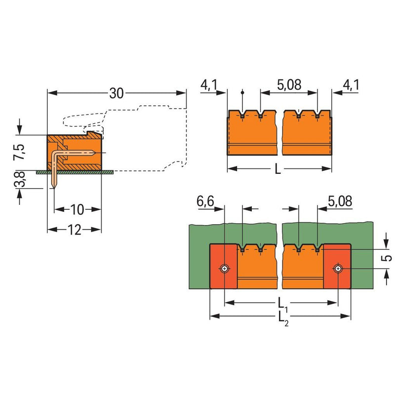 WAGO - Leiterplattensteckverbinder THT-Stiftleiste Lötstift 231-575/001-000 1,2x1,2,abgew.,or − 50 Stück