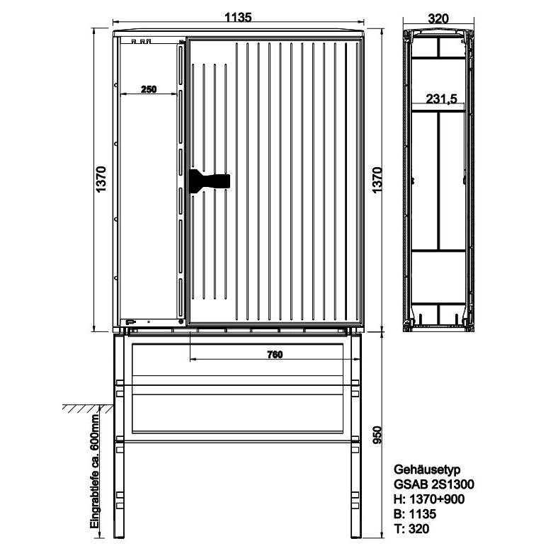 GSAB Elektrotechnik - Gehäuse/Schaltschrank (leer) Kabelverteilerschrank 2S1300DS1ES2 HxBxT:1300x1135x320