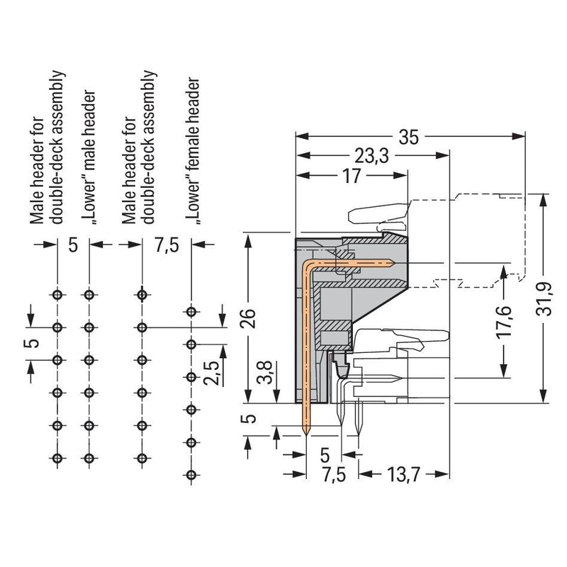 WAGO - Leiterplattensteckverbinder THT-Aufstock-Stiftleiste 232-346 1,0x1,0,abgew.,gr − 25 Stück