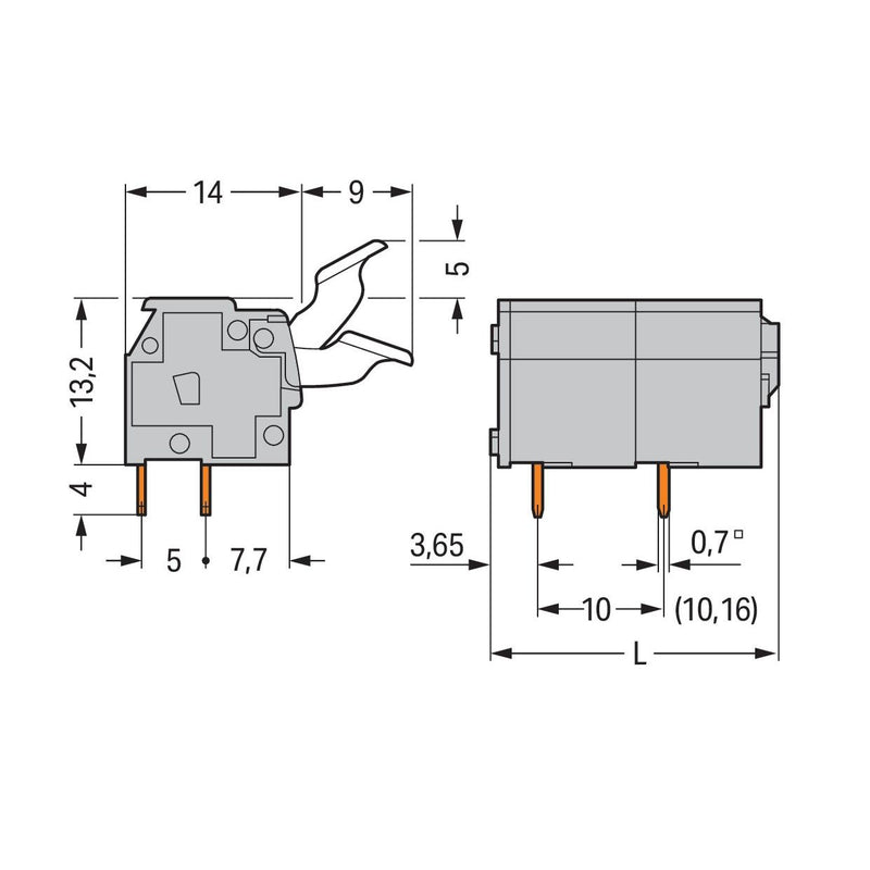WAGO - Leiterplattenklemme 255-612/333-000 Drücker,2,5 mm²,grau − 10 Stück