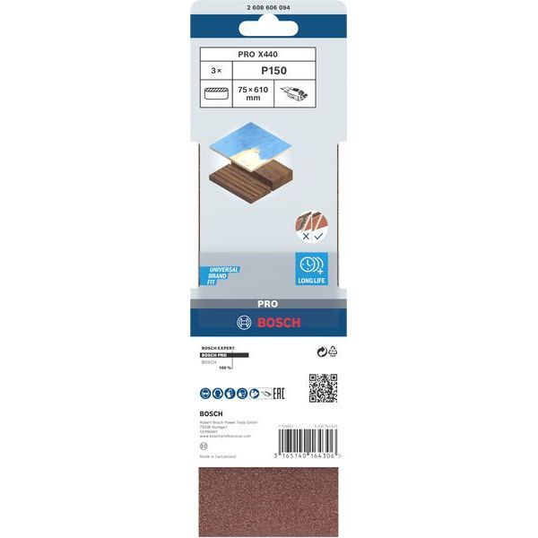 Bosch - Schleifpapier/Schleifvlies PRO X440 Schleifband, 75 x 2608606094 610 mm, G150, 3-tlg