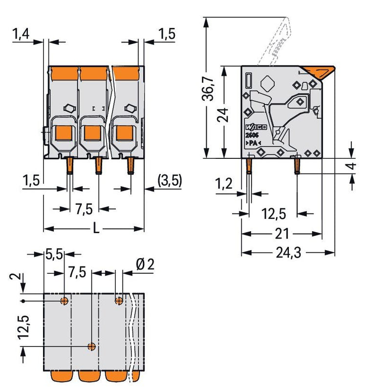 WAGO - Leiterplattenklemme Hebel 2606-1104/020-000 6mm²,grau − 60 Stück