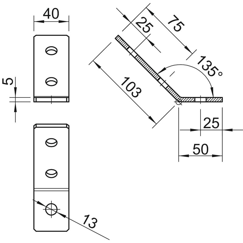 OBO Bettermann - Befestigungselement für Stiel/Profilschiene Verbindungswinkel GMS 3 VW 45 A2 103x50x40x4mm − 10 Stück