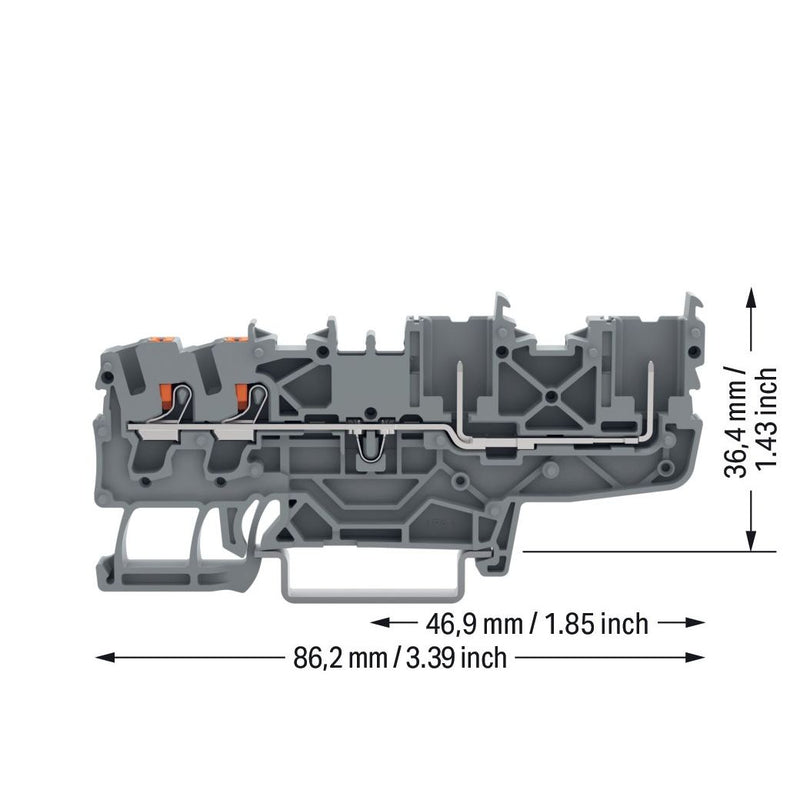 WAGO - Durchgangs-Reihenklemme 2-Leiter/2-Pin-Basisklemme 2222-1401 Drücker,2,5 mm²,gr − 50 Stück