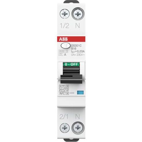 ABB Stotz S&J - Kombination FI-Schalter/Leitungsschutzschalter FI/LS-Schalter DS301C B16 A30#R1165 6kA,1P+N
