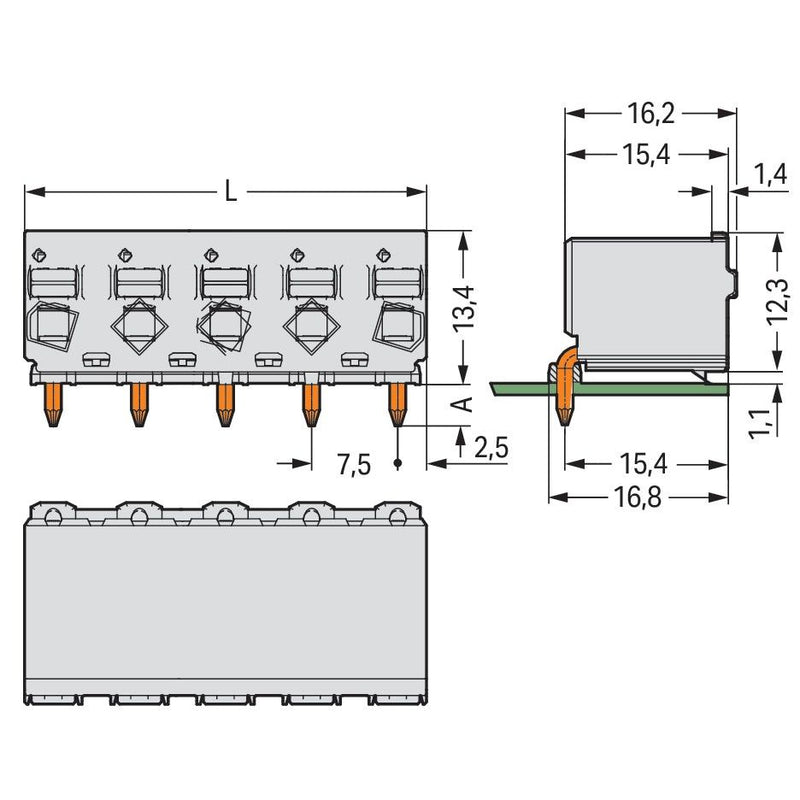WAGO - Leiterplattensteckverbinder 1-Leiter-THT-Federleiste 2092-3355 CAGE CLAMP,lichtgrau − 100 Stück