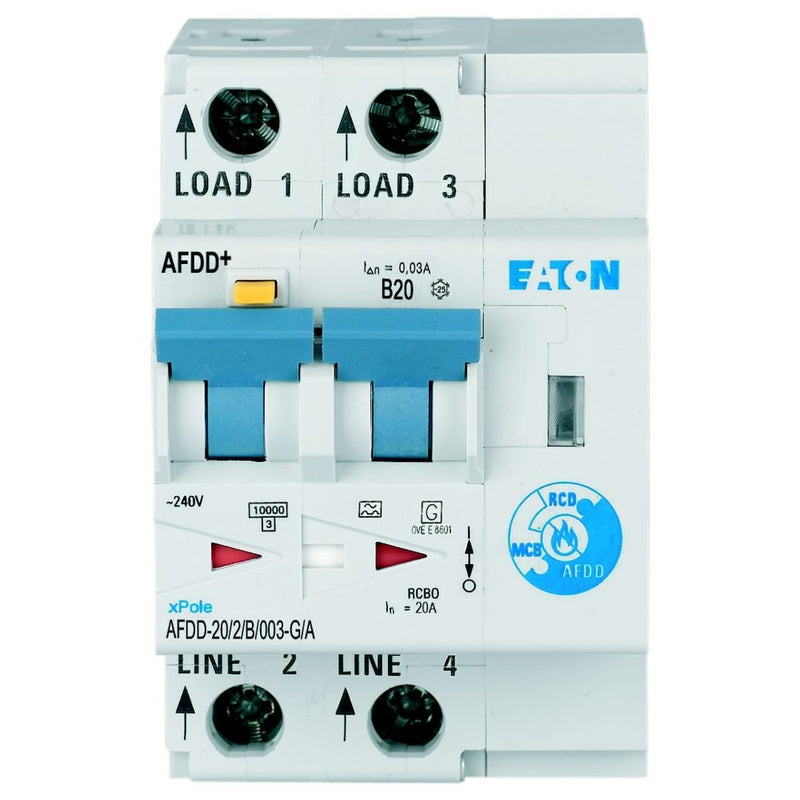 Eaton - Kombination FI-Schalter/Leitungsschutzschalter mit Zusatzeinrichtung Brandschutzschalter AFDD-20/2/B/003-G/A 2p,B,20A,30mA,TypG/A