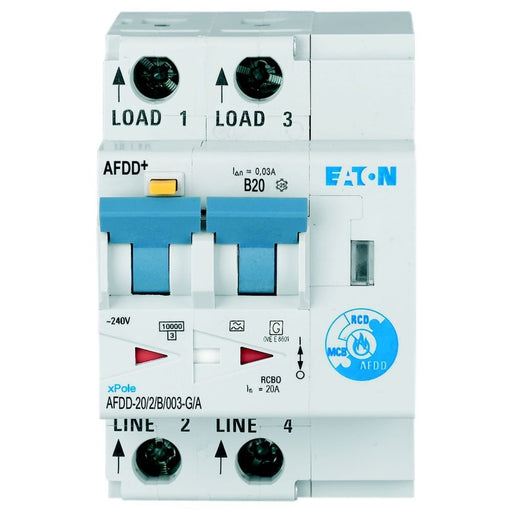 Eaton - Kombination FI-Schalter/Leitungsschutzschalter mit Zusatzeinrichtung Brandschutzschalter AFDD-20/2/B/003-G/A 2p,B,20A,30mA,TypG/A