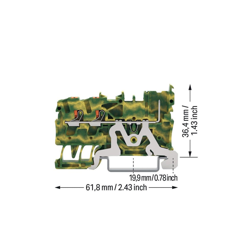 WAGO - Schutzleiter-Reihenklemme 2-Leiter/1-Pin-PE-Basiskl. 2222-1307 Drücker,2,5mm²,gnge − 100 Stück