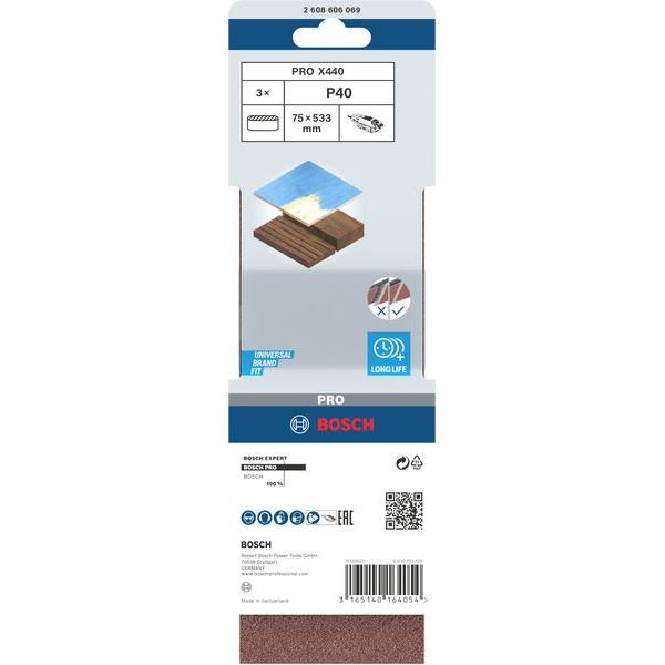 Bosch - Schleifpapier/Schleifvlies PRO X440 Schleifband, 75 x 2608606069 533 mm, 40, 3-tlg