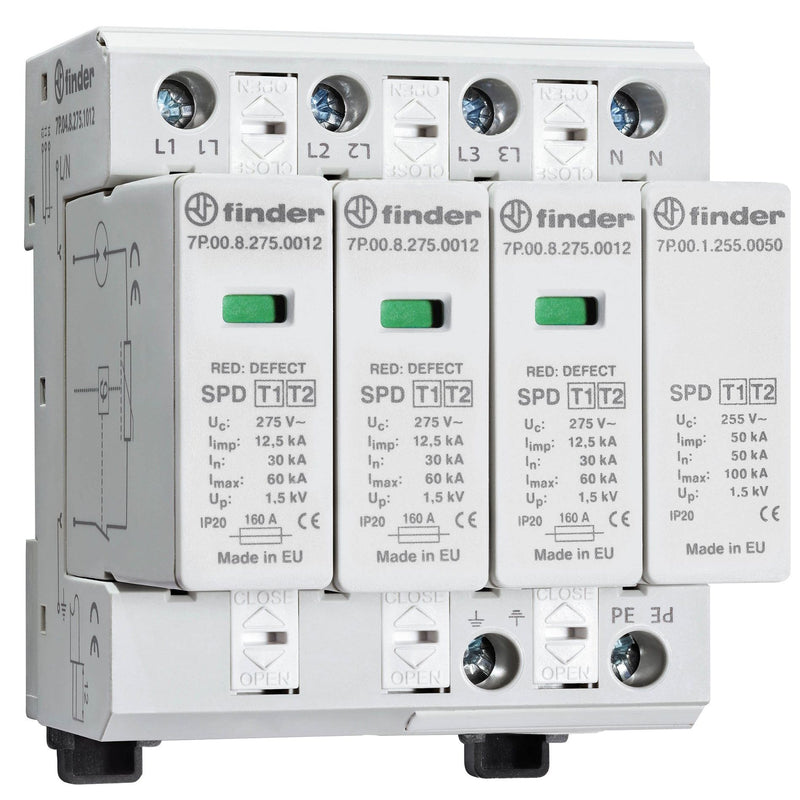 Finder - Blitzstromableiter für Energietechnik Kombiableiter Typ 1+2 7P.04.8.275.1012 f. 3ph. TT u. TN-S