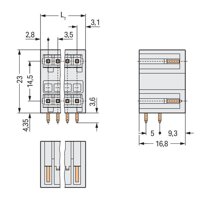 WAGO - Leiterplattensteckverbinder THT-DoppelstockStiftleiste 734-409 1,0x1,0,abgew.,lgr − 50 Stück