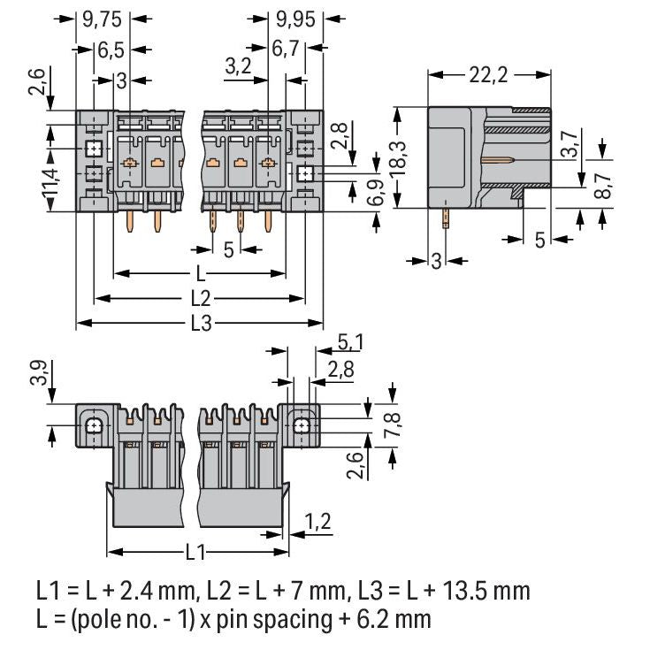 WAGO - Leiterplattensteckverbinder THT-Stiftleiste Lötstift 769-666/003-000 1,0x1,0,abgew.,gr − 50 Stück