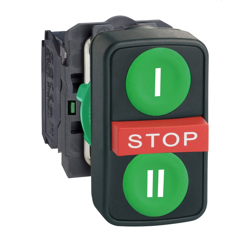 Schneider Electric - Drucktaster, Komplettgerät Dreifachdrucktaster grün XB5AA731327 D22mm, 1S+1Ö+1S