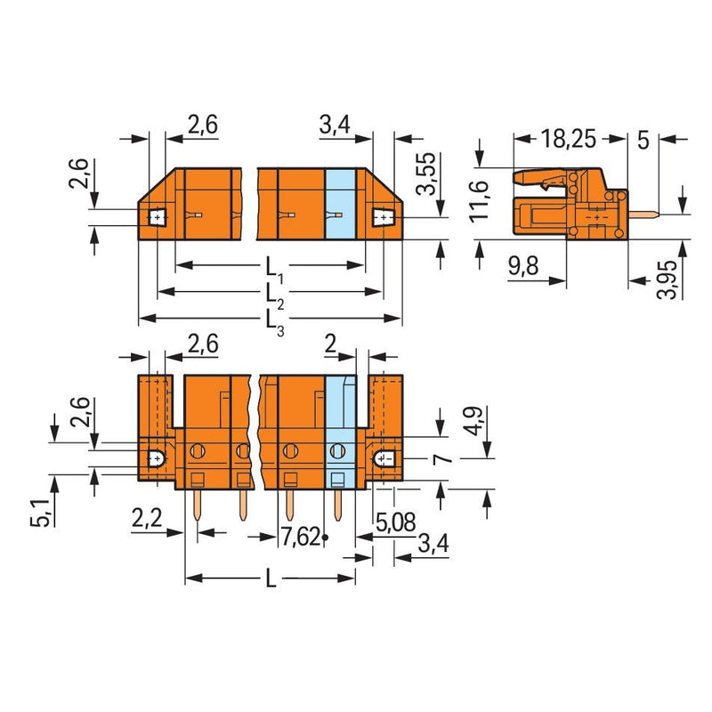 WAGO - Leiterplattensteckverbinder THT-Federleiste gerade 232-768/047-000 Maß 7,62mm,orange − 25 Stück