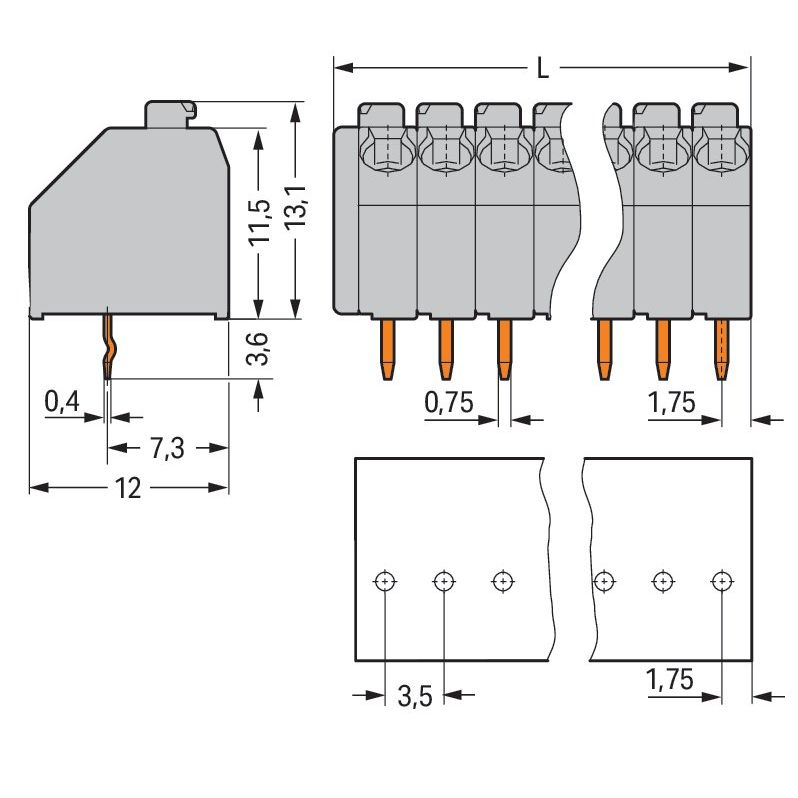 WAGO - Leiterplattenklemme 250-113 Drücker,1,5mm²,grau − 25 Stück