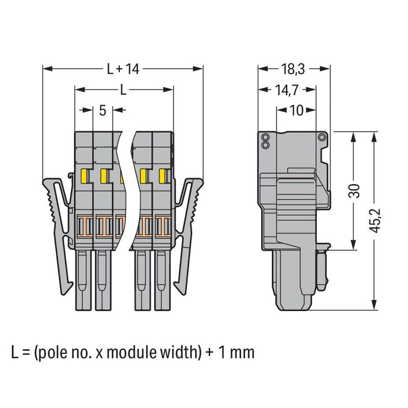 WAGO - Ein- und mehrpolige Klemmenleiste 1-Leiter-Federleiste 769-102/021-000 CAGE CLAMP,4mm²,grau − 50 Stück