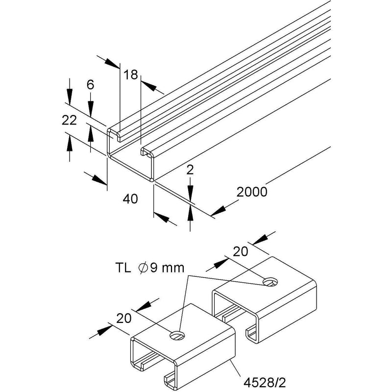 HKL - Stiel/Profilschiene Profilschiene 2m ST TZN 4528/2 − 10 Meter
