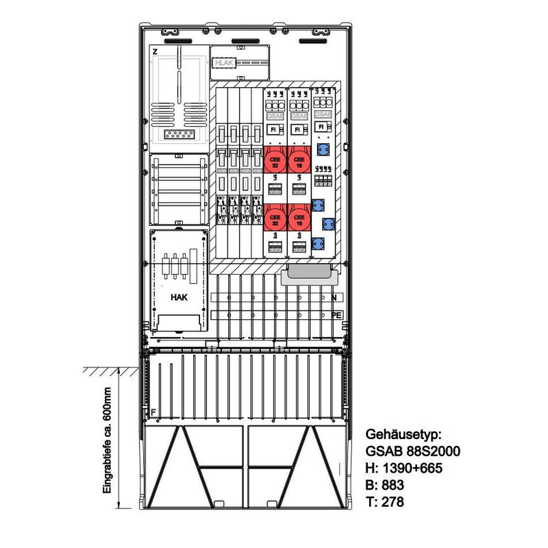 GSAB Elektrotechnik - Zähler-Komplettschrank Festplatzsäule 22.88.1P11Sy4LSL00 m. Sammelsch.,5-p
