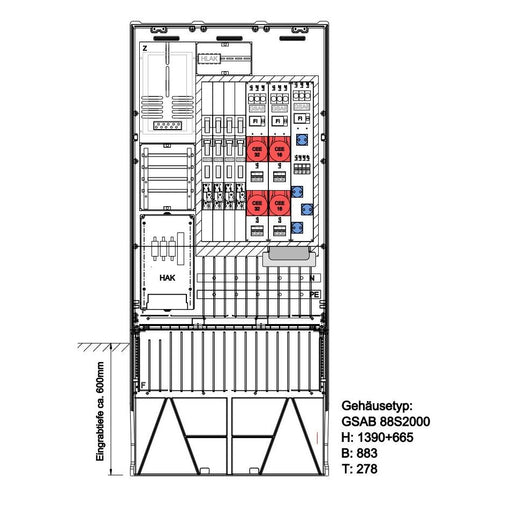 GSAB Elektrotechnik - Zähler-Komplettschrank Festplatzsäule 22.88.1P11Sy4LSL00 m. Sammelsch.,5-p