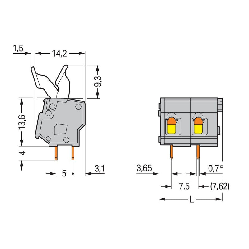 WAGO - Leiterplattenklemme 257-502/333-000 Drücker,2,5 mm²,grau − 70 Stück