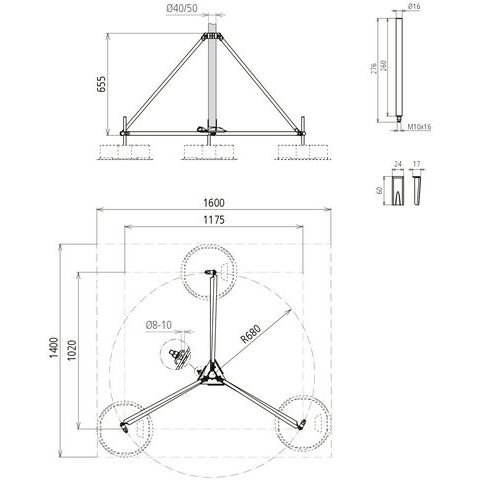 DEHN - Sockel für Fangeinrichtung Blitzschutz Dreibeinstativ klappbar DBS KB D50 RA680 V2A mit Halbschale für D