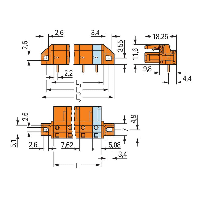 WAGO - Leiterplattensteckverbinder THT-Federleiste abgewink. 232-871/031-000 Maß 7,62mm,orange − 10 Stück