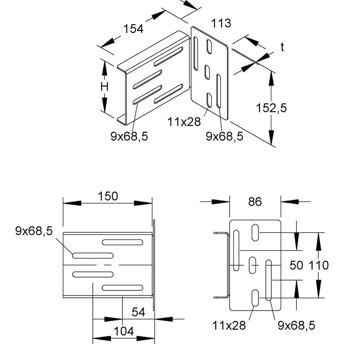 Niedax - 90°-Anschluss von Kabelleiter zu Kabelleiter Weitspannholm Anschlußst. WHAS 105 E3 Höhe 105mm, eds  − 10 Stück
