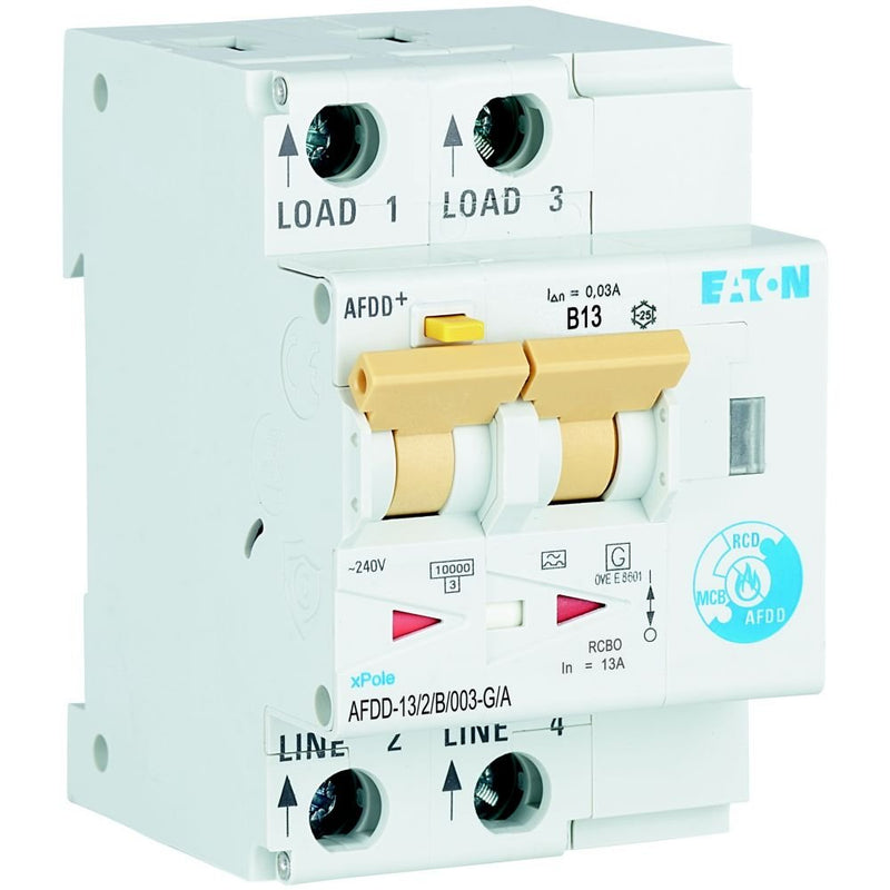 Eaton - Kombination FI-Schalter/Leitungsschutzschalter mit Zusatzeinrichtung Brandschutzschalter AFDD-13/2/B/003-G/A 2p,B,13A,30mA,TypG/A