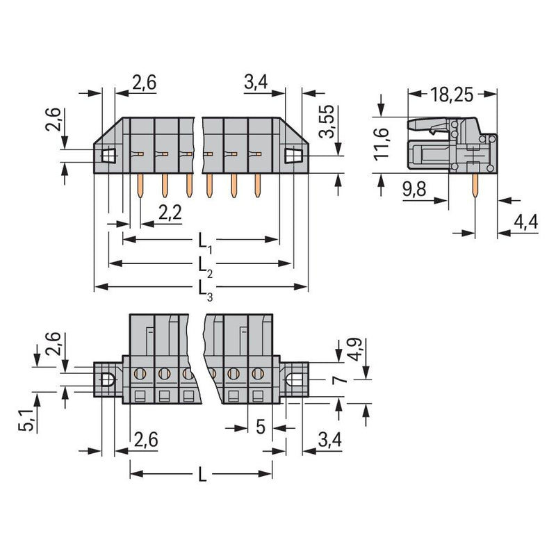 WAGO - Leiterplattensteckverbinder THT-Federleiste abgewink. 232-232/031-000 Rastermaß 5mm,grau − 100 Stück