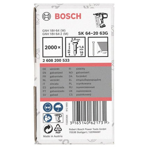Bosch - Nagel für Nagelgerät Senkkopf-Stift SK64 20G, 2608200533 63 mm verzinkt 2000