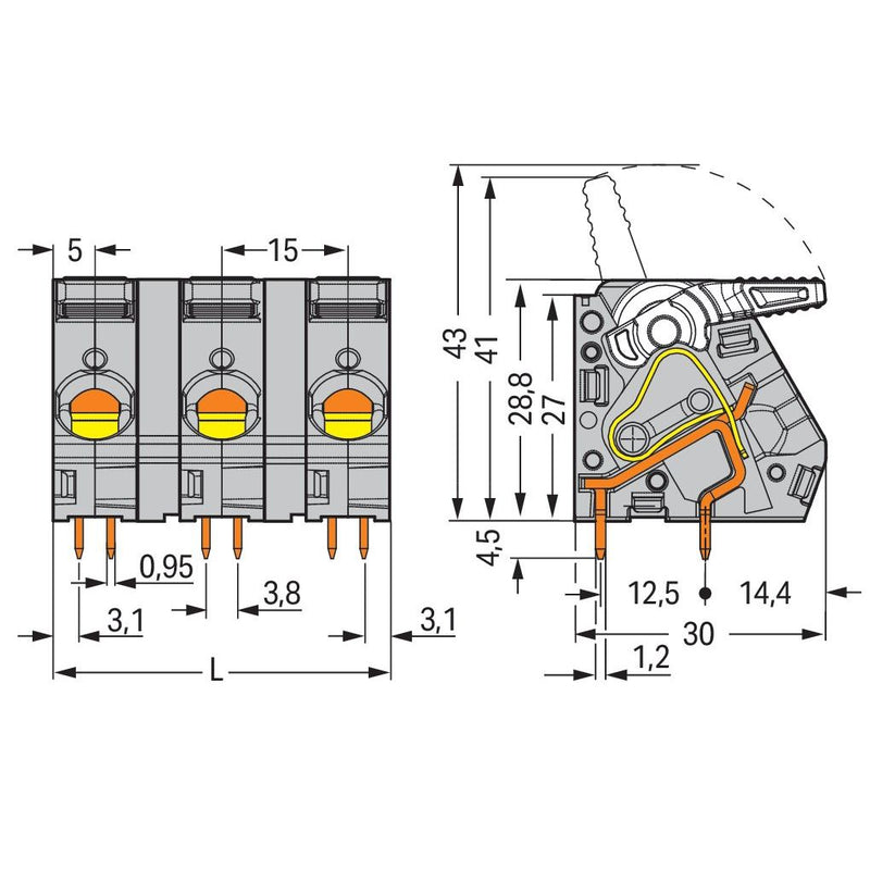 WAGO - Leiterplattenklemme Hebel 2716-205 16mm²,grau − 15 Stück