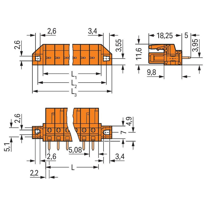 WAGO - Leiterplattensteckverbinder THT-Federleiste gerade 232-179/031-000 Maß 5,08mm,orange − 10 Stück