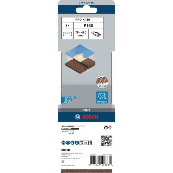 Bosch - Schleifpapier/Schleifvlies PRO X440 Schleifband, 75 x 2608606047 480 mm, G150, 3-tlg