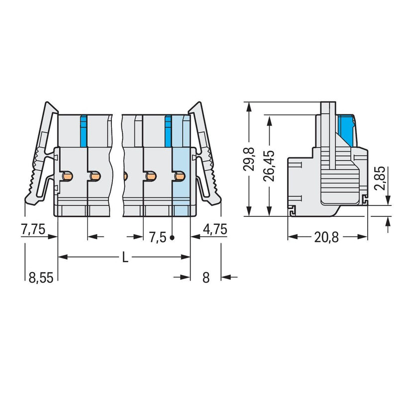 WAGO - Kabelsteckverbinder für Leiterplattensteckverbinder 2-Leiter-Federleiste 721-2202/037-000 CAGECLAMP,2,5mm²,lgr − 50 Stück