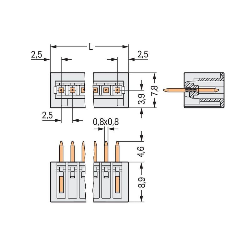 WAGO - Leiterplattensteckverbinder Leiterplattenklemme 733-332 Lötstift,2,5mm, 2p − 200 Stück