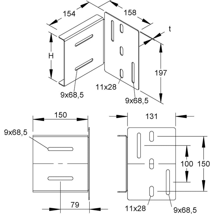 Niedax - 90°-Anschluss von Kabelleiter zu Kabelleiter Weitspannholm Anschlußst. WHAS 150 S Höhe 150mm, Stahl  − 1 Stück
