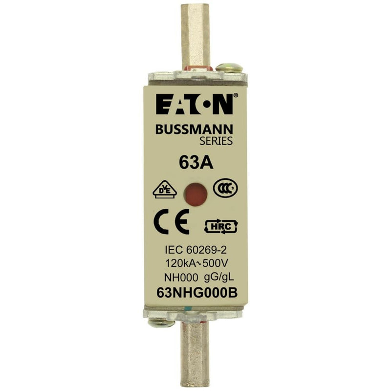 Eaton - Messersicherung Sicherungseinsatz Nieders. NH FUSE 63#63NHG000B 63A AC 500V 120kA − 3 Stück