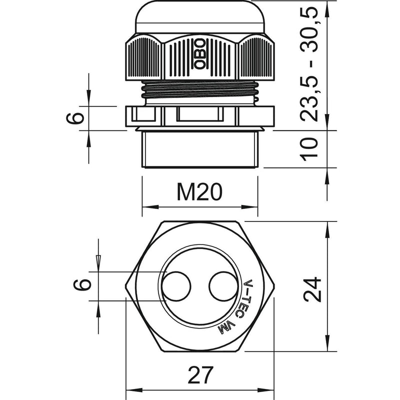 OBO Bettermann - Kabelverschraubung V-TEC VM20 2x6 M20, PA, lichtgrau − 1 Stück