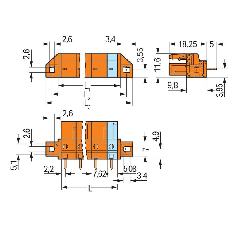 WAGO - Leiterplattensteckverbinder THT-Federleiste gerade 232-771/031-000 Maß 7,62mm,orange − 10 Stück