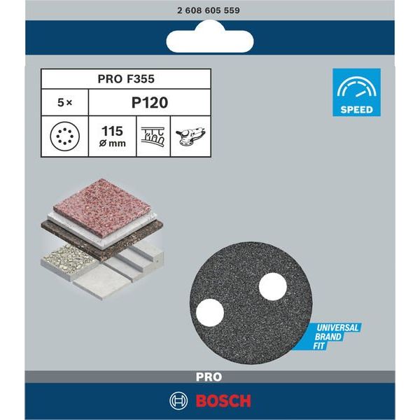 Bosch - Schleifpapier/Schleifvlies PRO F355 Schleifblatt, 115 2608605559 mm, 120, 5-tlg
