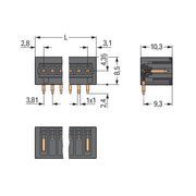 WAGO - Leiterplattensteckverbinder THR-Stiftleiste Lötstift 734-265/105-604/997- 1,0x1,0,abgew.,sw − 280 Stück