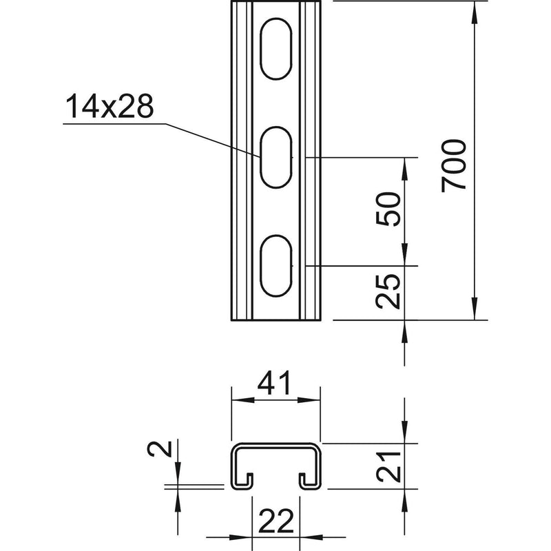 OBO Bettermann - Stiel/Profilschiene Profilschiene MS4121P0700FT gelocht,Schlw. 22mm