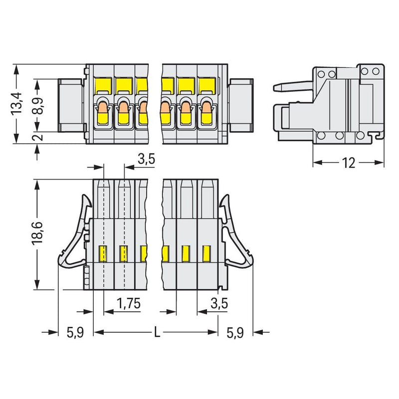 WAGO - Kabelsteckverbinder für Leiterplattensteckverbinder 1-Leiter-Federleiste 734-106/037-000 CAGECLAMP 1,5mm²,lgr − 50 Stück